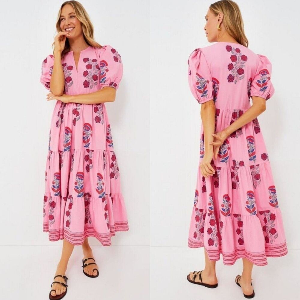 Oliphant Tuckernuck Boca Pink Puff Sleeve Midi Cotton Block Print Dress Size S - Picture 2 of 15